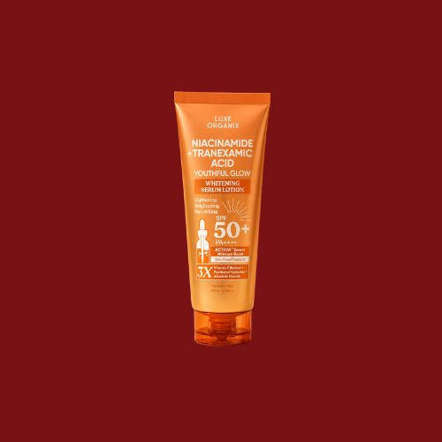 لوكس أورجانيكس لوشن سيروم توهج الشباب بالنياسيناميد وحمض الترانيكساميك مع عامل حماية SPF50 سعة 200 مل - حماية من الأشعة فوق البنفسجية لتفتيح البشرة