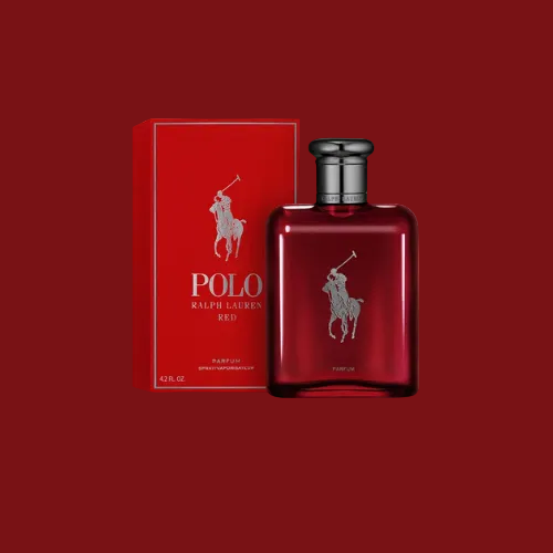 Red Polo Ralph Lauren perfume bottle and packaging on a red background